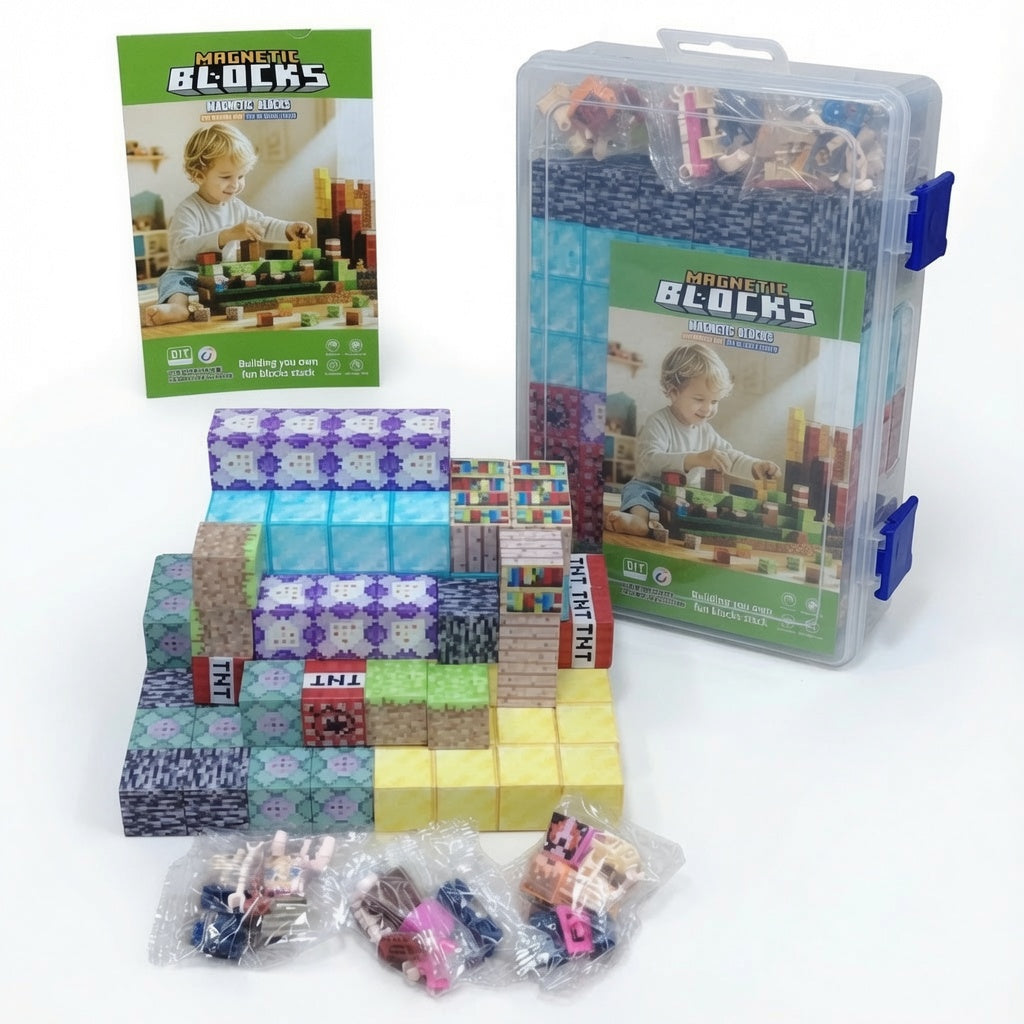 Caja Minecraft Bloques Magnéticos +105 Piezas Magnetic Blocks DIY con 4 minifiguras y caja transparente con cierres azules