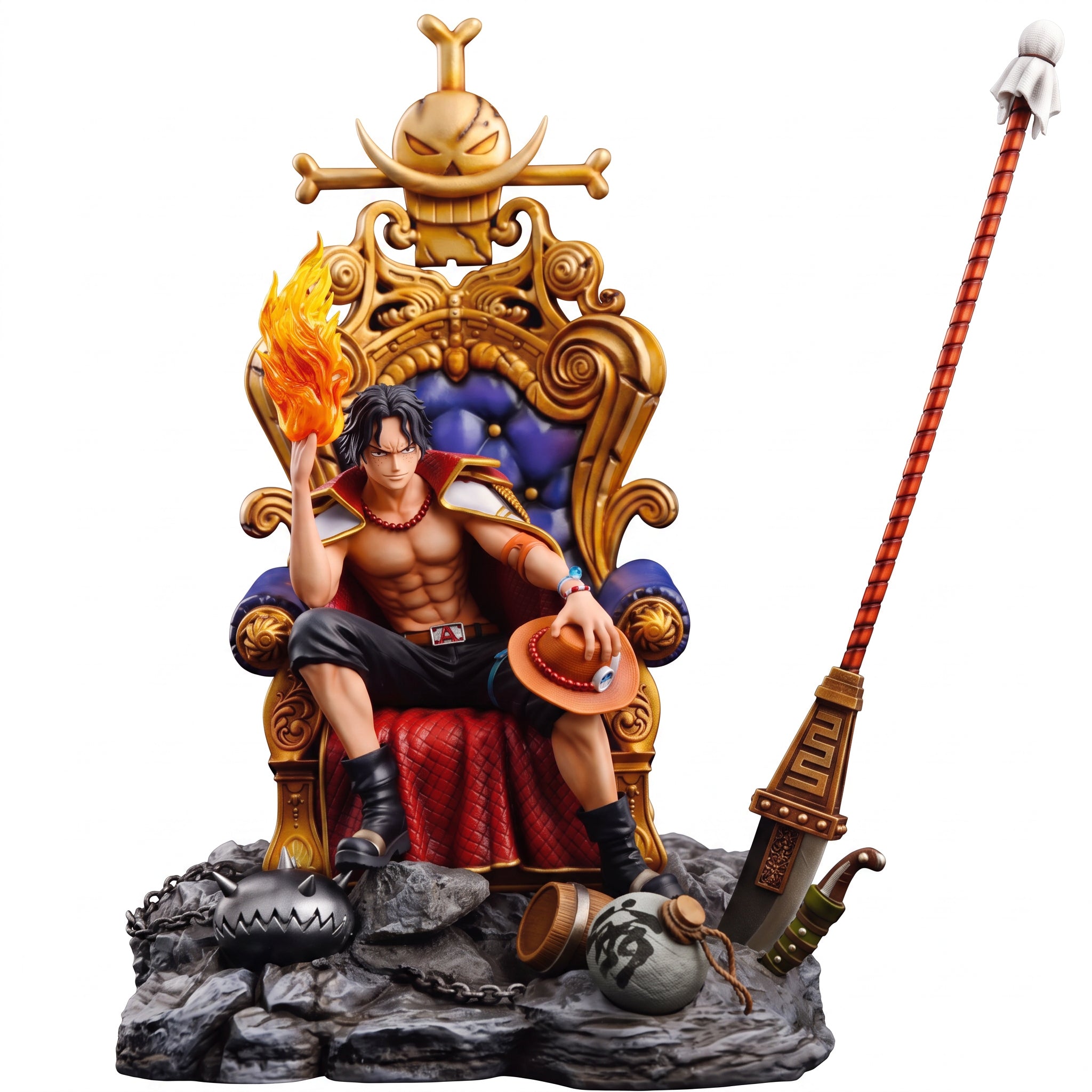 Figura Portgas D. Ace Sentado Trono Dorado Barba Blanca One Piece 30cm con llama Mera Mera y sombrero de Luffy