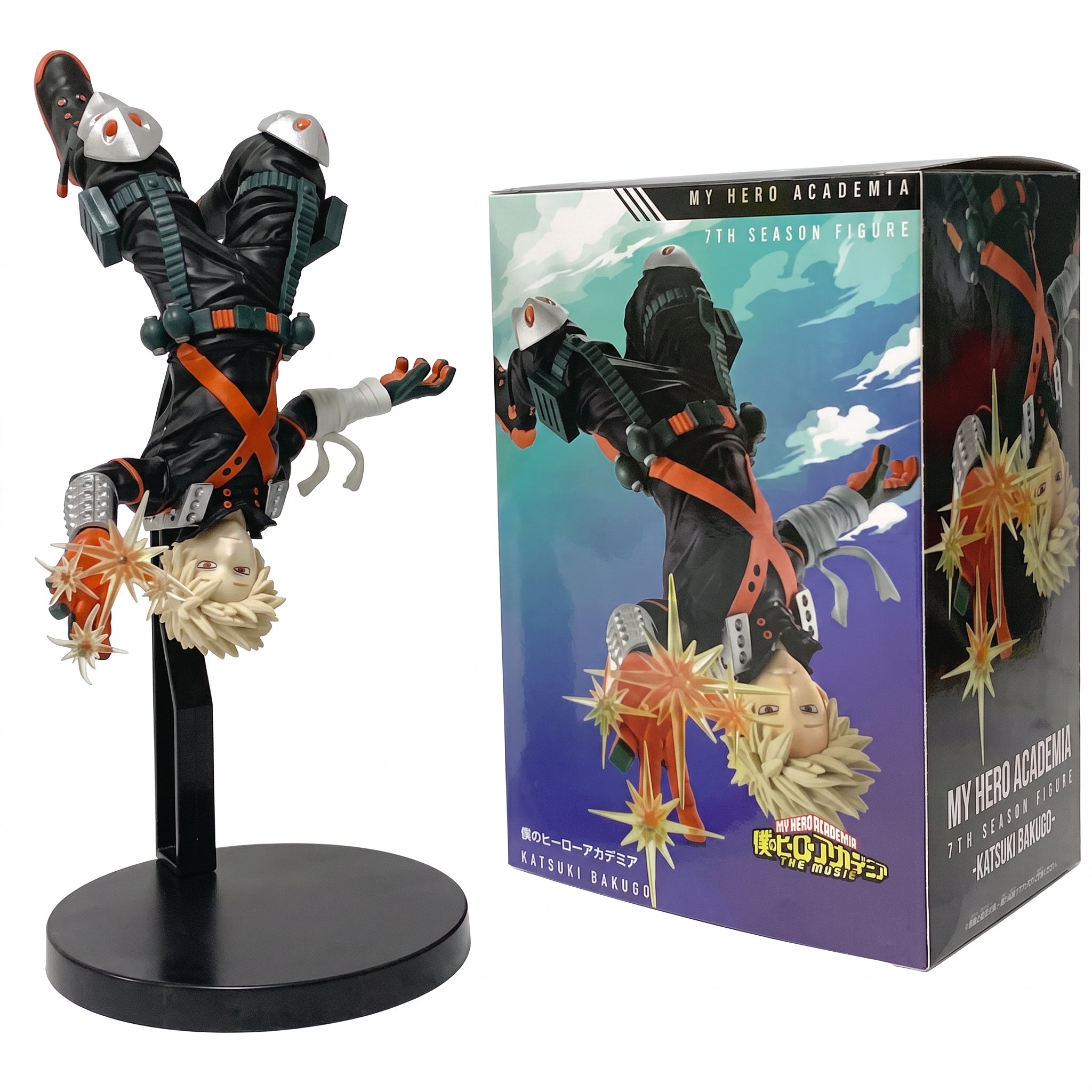 Figura Katsuki Bakugo Vuelo Invertido 7ma Temporada My Hero Academia 23cm con explosiones doradas y caja oficial Bandai 7th Season