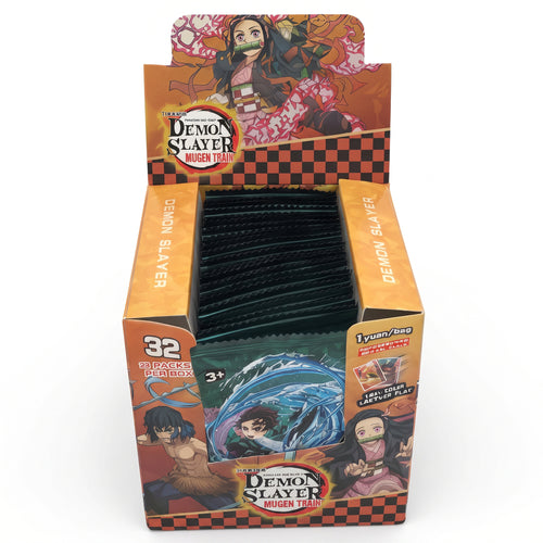 160 Pack Cartas Demon Slayer Kimetsu no Yaiba Mugen Train Card Game 32 Sobres - Caja oficial naranja y negra con arte de Nezuko y Tanjiro