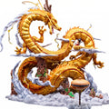 Figura Diorama Shenlong Dorado y Goku Niño Dragon Ball 43cm Con Luz LED - Dragón dorado enroscado sobre base de rocas y nubes con Goku en nube voladora