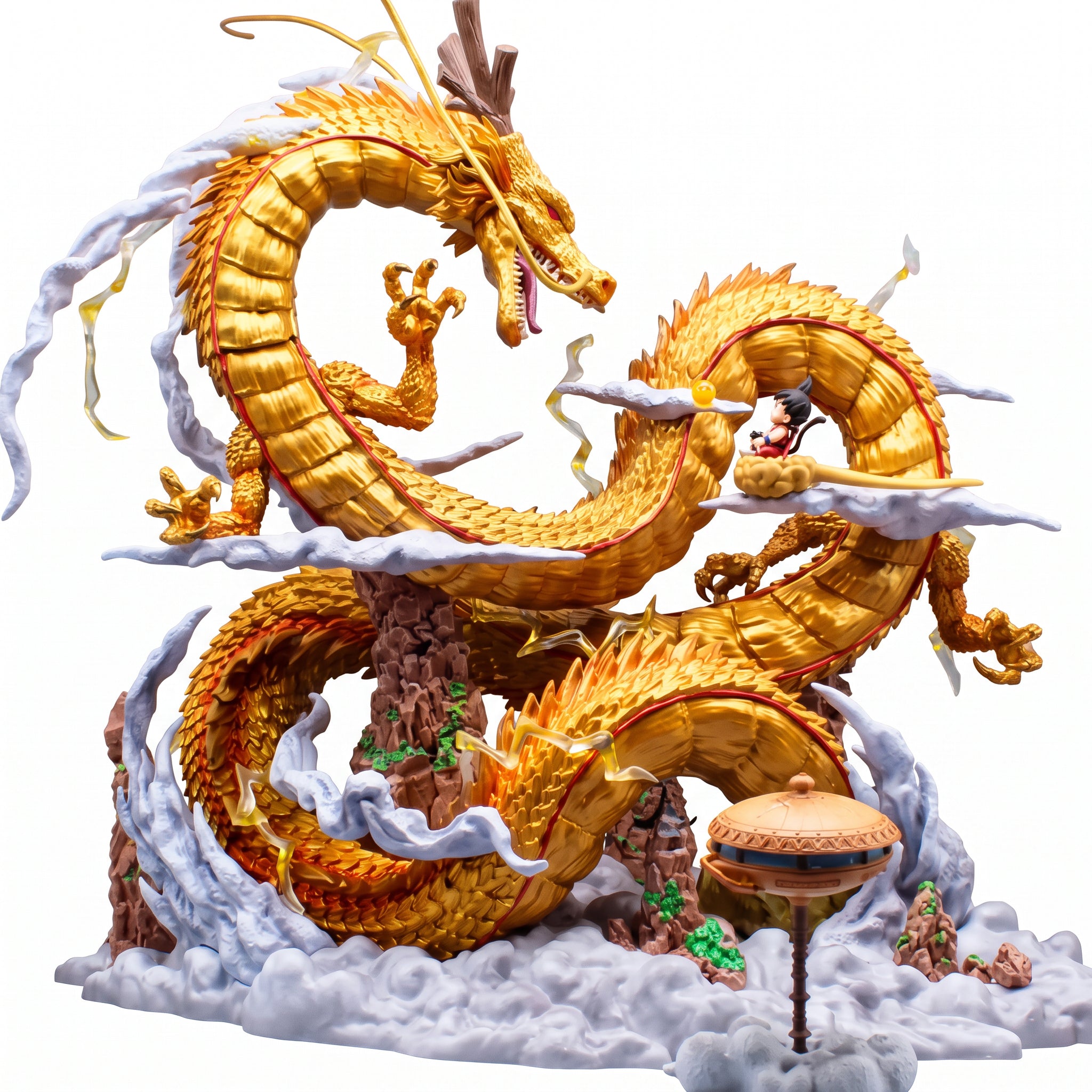 Figura Diorama Shenlong Dorado y Goku Niño Dragon Ball 43cm Con Luz LED - Dragón dorado enroscado sobre base de rocas y nubes con Goku en nube voladora