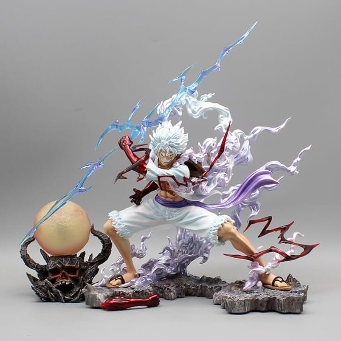 Figura Monkey D. Luffy Gear 5 Nika Sun God One Piece 27cm con rayos azules, aura púrpura y base de roca con esfera oscura de Kaido