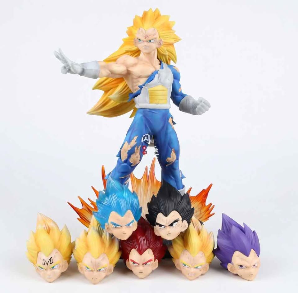 Figura Vegeta Super Saiyan 3 Dragon Ball Z 29cm con 6 cabezas intercambiables: SSJ3 dorado, azul, rojo, morado y base