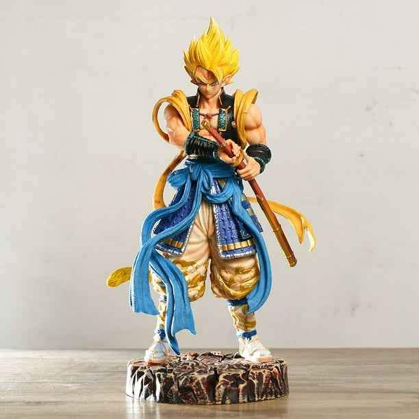 Figura Gogeta Super Saiyan Samurái Dragon Ball Z 31cm con kimono azul y dorado y báculo de madera sobre base de roca