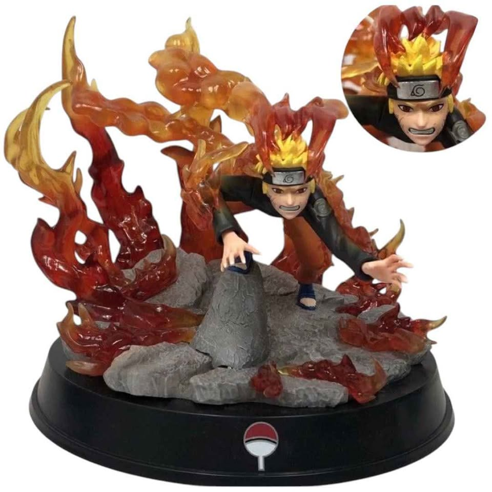 Figura Naruto Uzumaki Modo Zorro Dos Colas Kyubi Naruto Shippuden 25cm con llamas de chakra rojo-naranja y base giratoria negra con emblema Uchiha