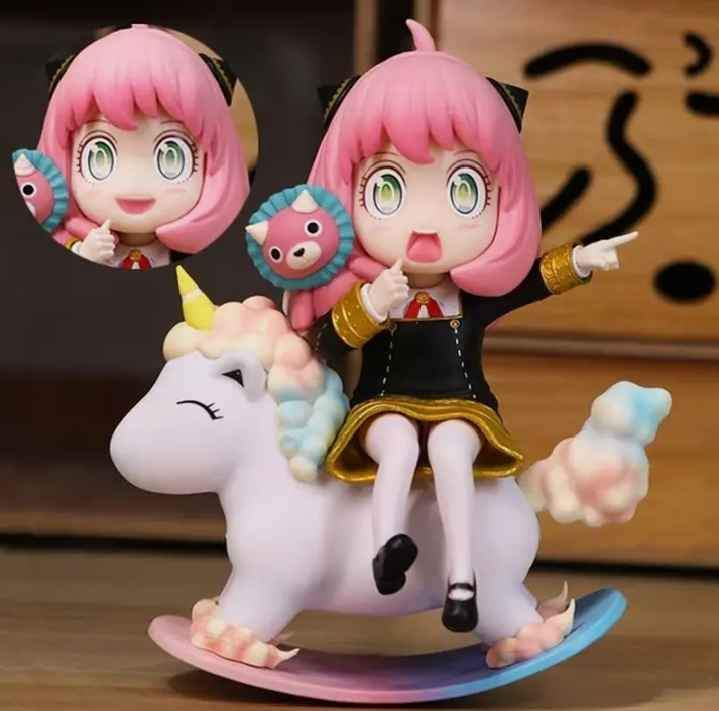 Figura Anya Forger Spy x Family 15cm montada en unicornio pastel con Mr. Chimera y expresiones intercambiables
