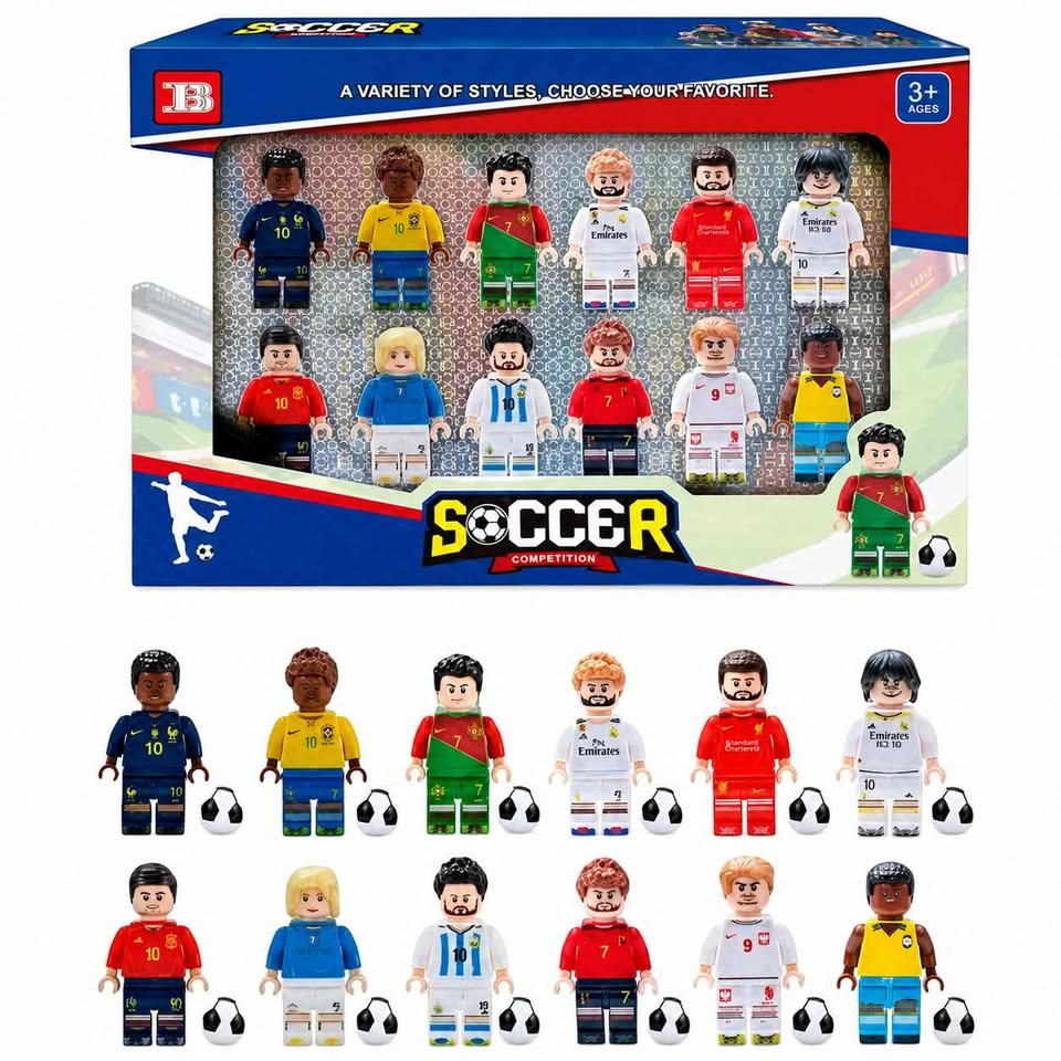 12 Minifiguras LEGO Fútbol Soccer Competition - Messi, Ronaldo, Neymar, Mbappé con balones