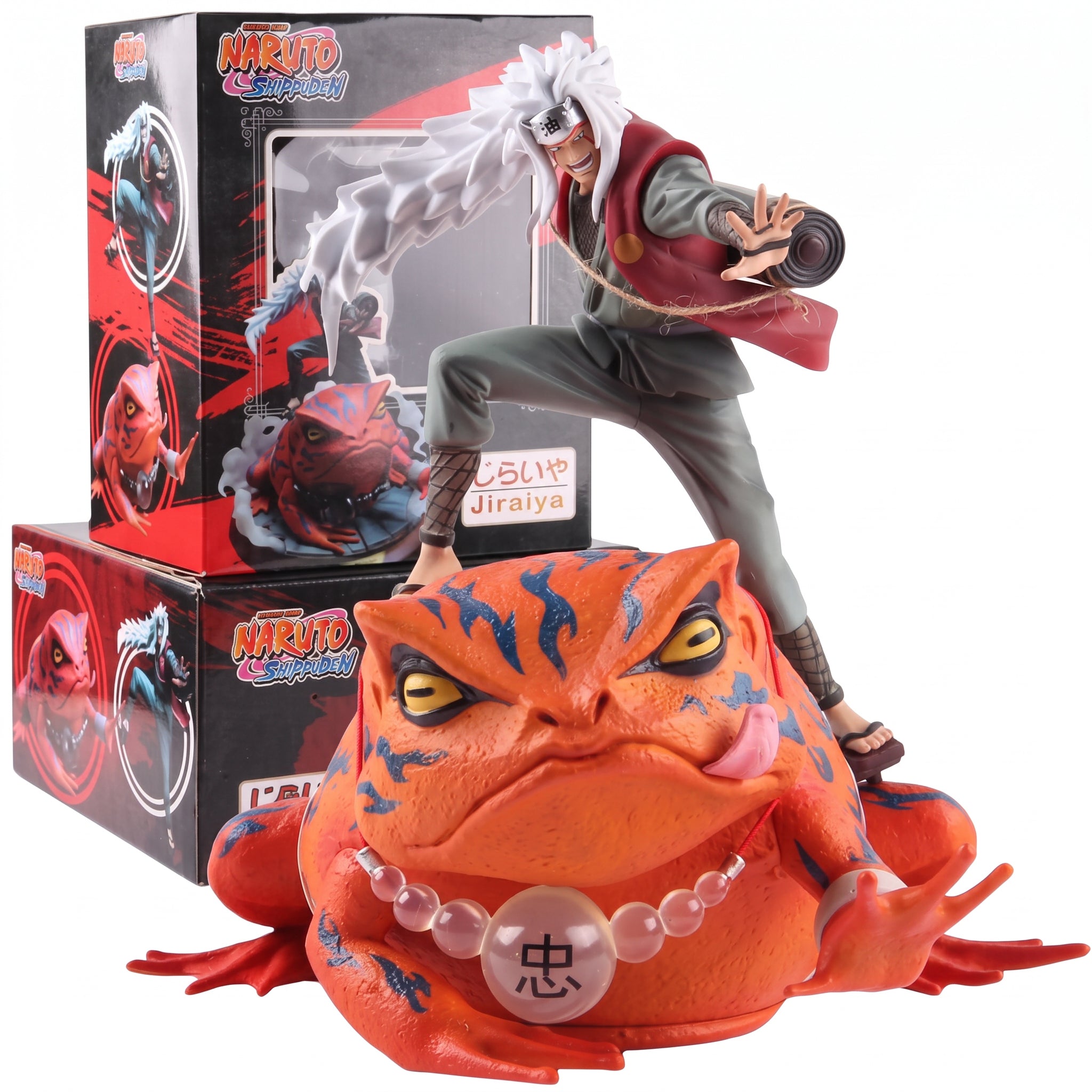 Figura Diorama Jiraiya y Gamabunta Naruto Shippuden 40cm - Jiraiya con chaleco rojo sobre Gamabunta naranja con caja oficial