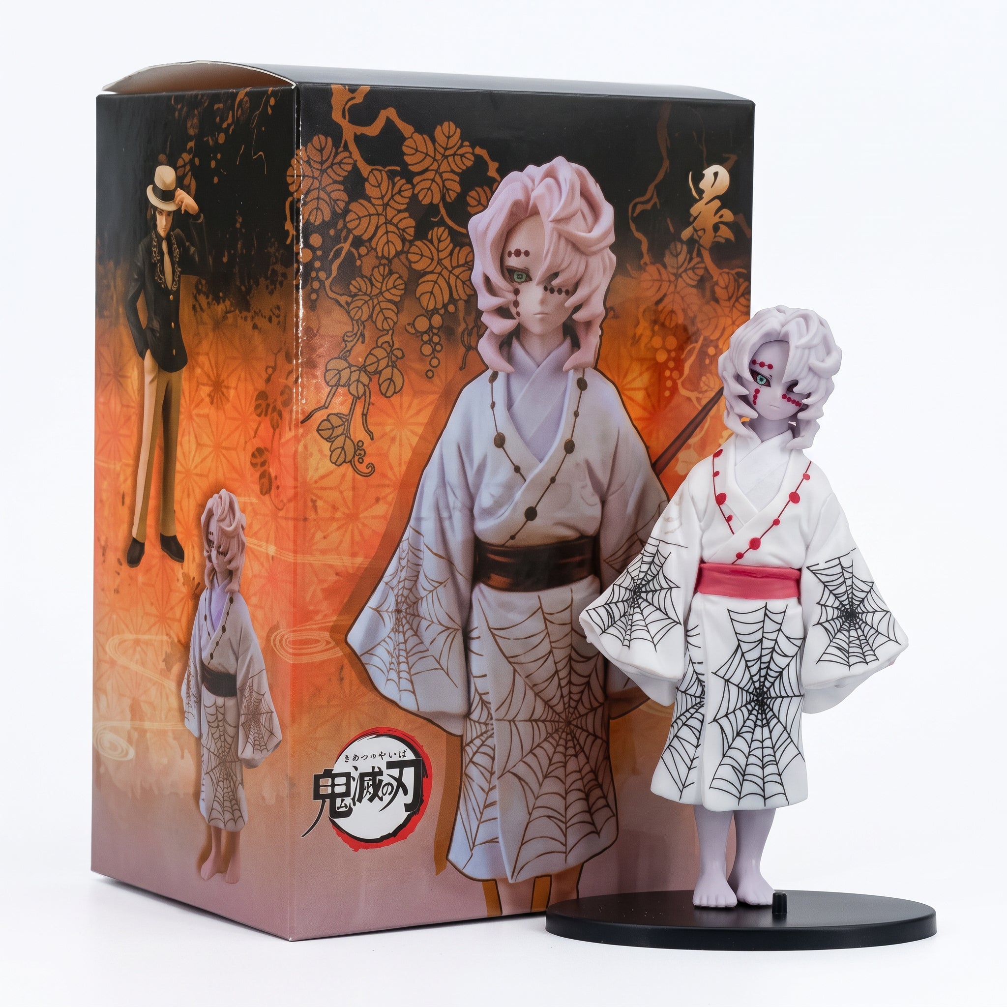 Figura Rui Demonio Luna Inferior 5 Demon Slayer 14cm con kimono blanco de tela de araña y caja oficial naranja y negra de Kimetsu no Yaiba