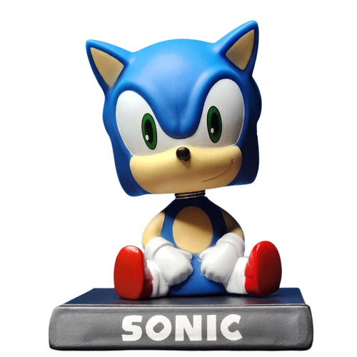 Cabezón Portacelular Sonic the Hedgehog Bobblehead Sega 12cm sentado con base gris y nombre SONIC en letras blancas